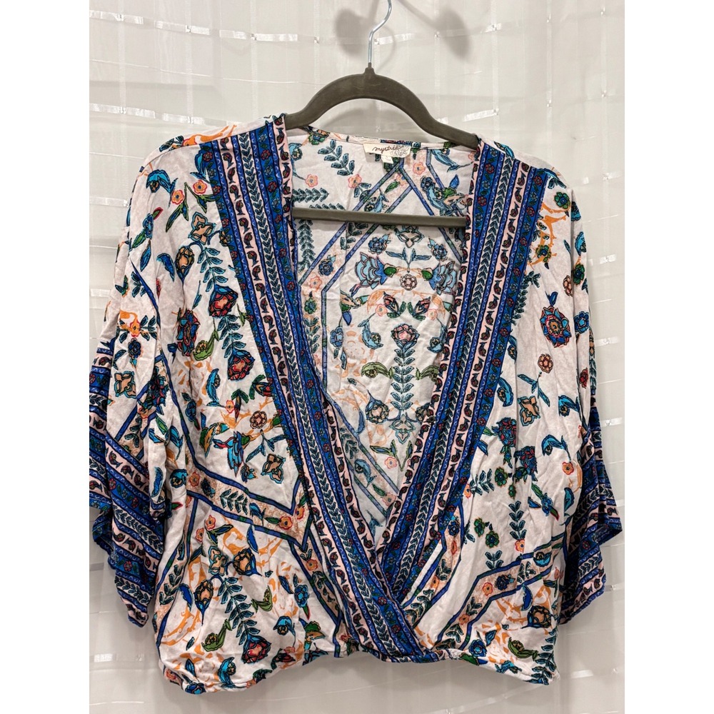 Mystree Floral Surplice Top Womens Small Blue Orange Boho Kimono Sleeve